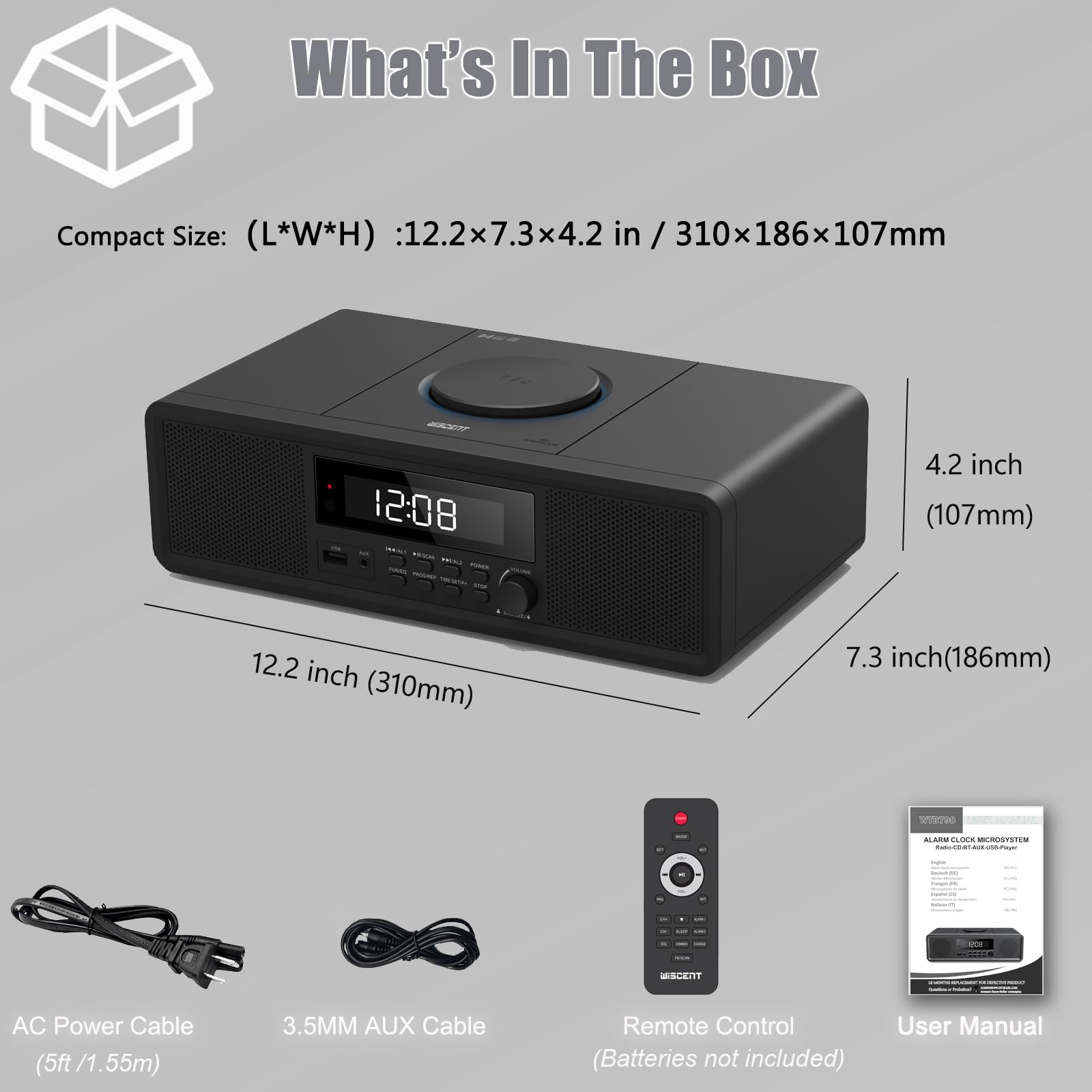 Compact Stereo System with CD Player, Bluetooth, Dual Alarms Clock, FM Radio, 20W RMS Clear Sound, USB/AUX Input, Snooze & Sleep Timer, Remote Control - for Home and Bedroom