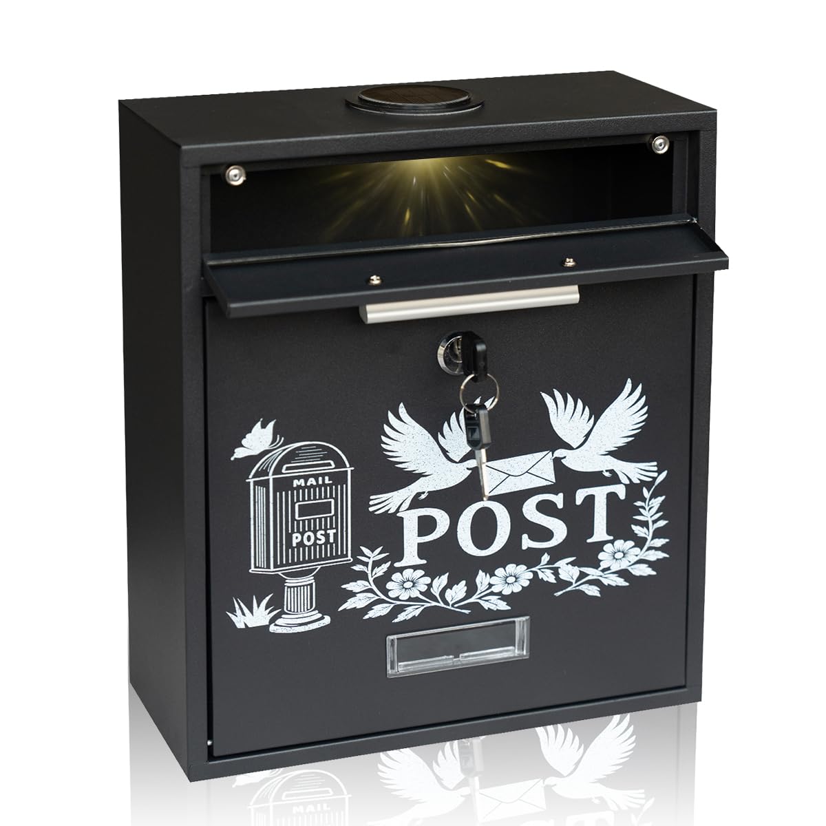 Photo 1 of Ydocabinit Wall Mount Mailbox, Large Capacity Mailbox for House, Visibility Galvanized Steel Rust-Proof Metal Post Drop Box, Mailboxes for Outside, 12"×10.5"×4.7" Solar Lanterns Black