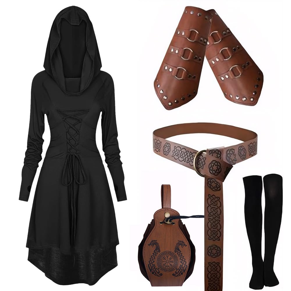 CNVAUIE Women's Medieval Hooded Dress Renaissance Costume Set with Arm Guards, Belt, Belt Bag, Stockings, Accessories (Black, S) — image 1