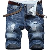 SHOOYING Men's Casual Denim Ripped Shorts