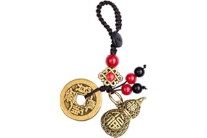 Mansiyuyee Chinese Wu Lou Keychain with Five Feng Shui Coins, Brass Gourd Good Key Ring as Luck Charms Lucky Tassel