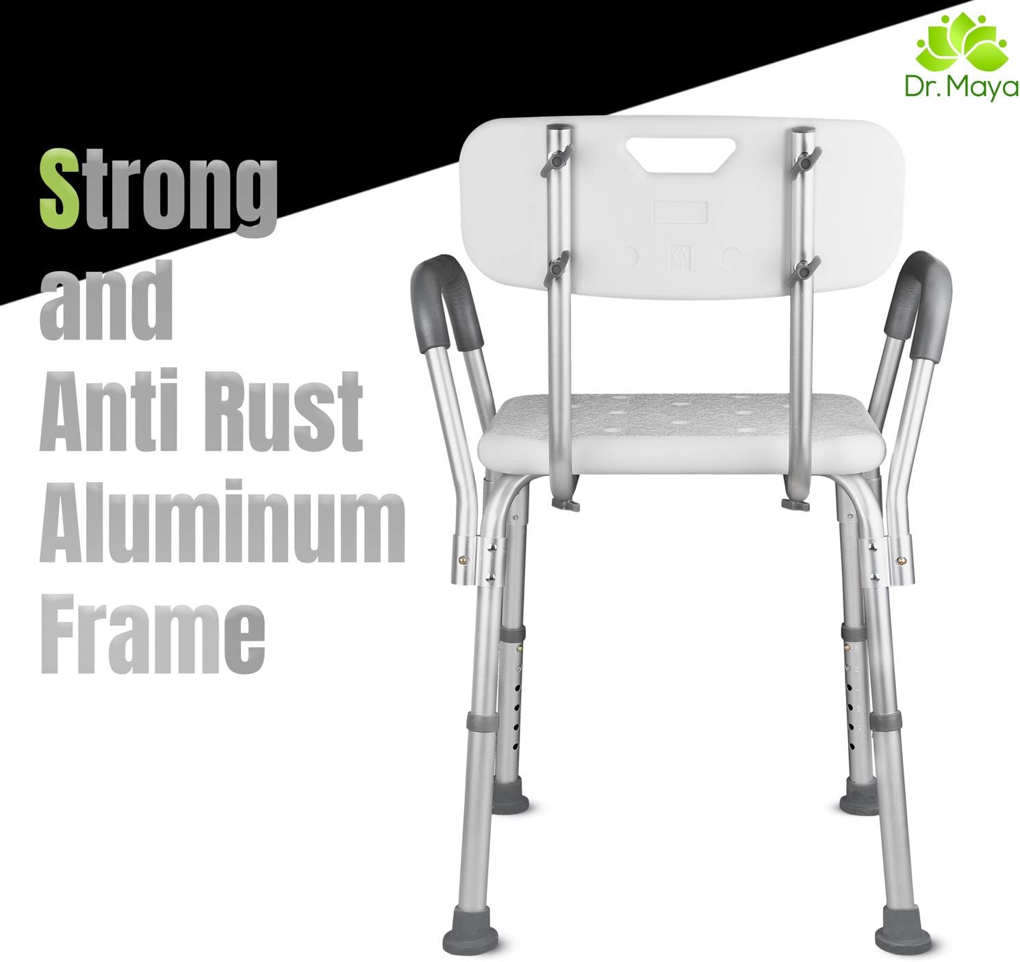 Dr. Maya Adjustable Shower Chair with Back and Arms - Free Suction Assist Grab Bar - Anti-Slip Bench - Bathtub Seat for Bathroom Safety: Health & Personal Care