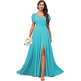 FreeBeauty Flutter Sleeves Chiffon Bridesmaid Dresses for Women Long A Line Formal Dresses with Slit ZHBM2507219
