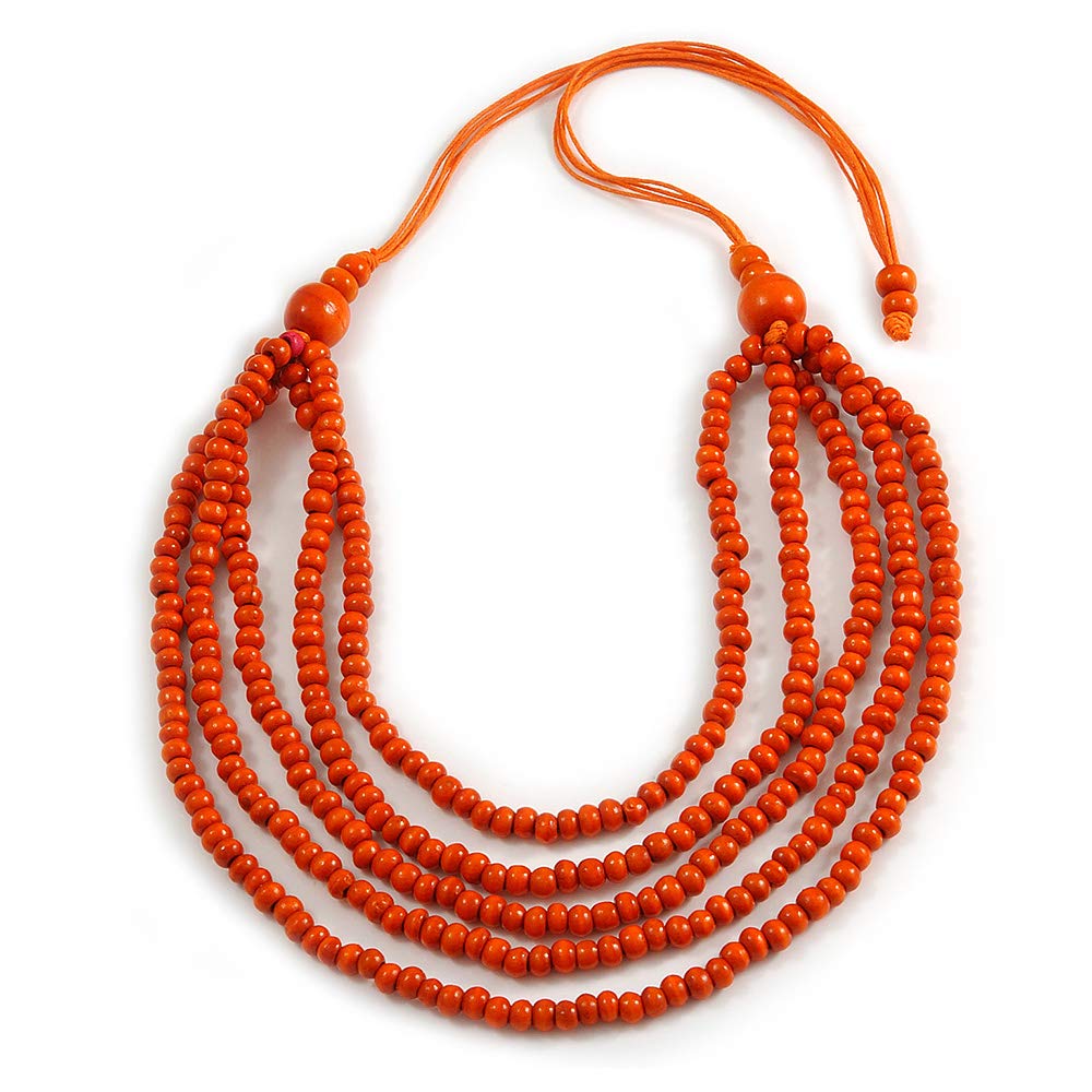 Avalaya Orange Multistrand Layered Wood Bead with Cotton Cord Necklace - 90cm Max length- Adjustable