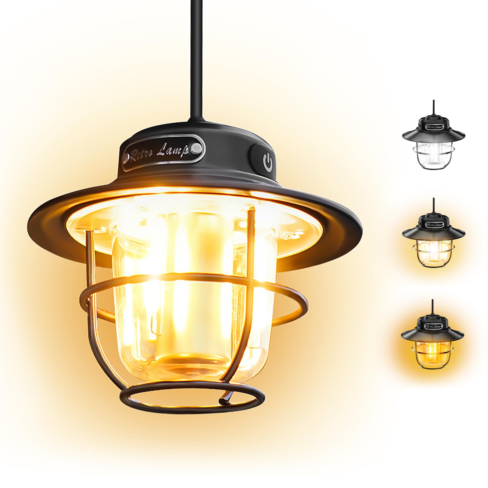 XRDZYXGS Camping Lantern, Rechargeable Retro Lights for Tents, Portable Waterproof 4 Light Modes (1300-6500K) Stepless Dimming Brightness for Hiking, Emergency, Fishing (Black)