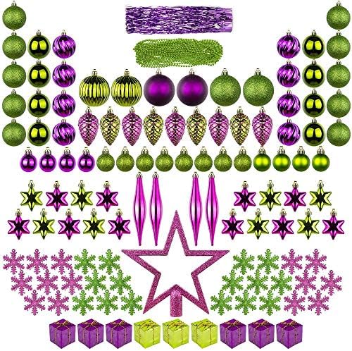 Tree Decorations/Baubles Novelty Decorations Christmas ornaments 122ct Christmas Tree Decoration Full Christmas Bauble Decoration, including Top Hat Snowflake, Beads, Tinsel Gift Box, Pine Cone-Purp