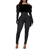 SHIPPOOOU Women sexy Faux Fur Collar Off Shoulder Bodycon Jumpsuits Long Sleeve One Piece Romper Club Outfits