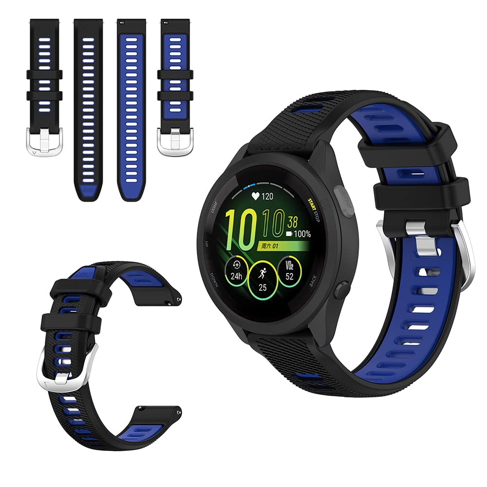QINOUK Silicone Strap for Garmin Forerunner 265, Breathable Soft Silicone Sport Replacement Strap, Two-tone Black Blue, 22mm, Adjustable Design