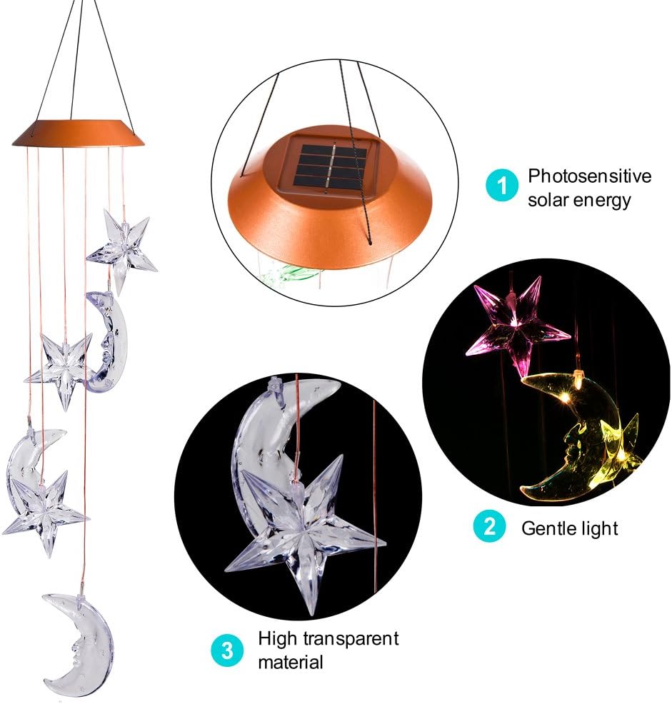LED Solar Moon and Star Wind Chimes Outdoor - Waterproof Solar Mobile Romantic Changing Color Stars and Moon Wind Chimes Light Decor for Home, Gifts For Mom, Balcony, Festival, Night Garden Decoration : Garden & Outdoor