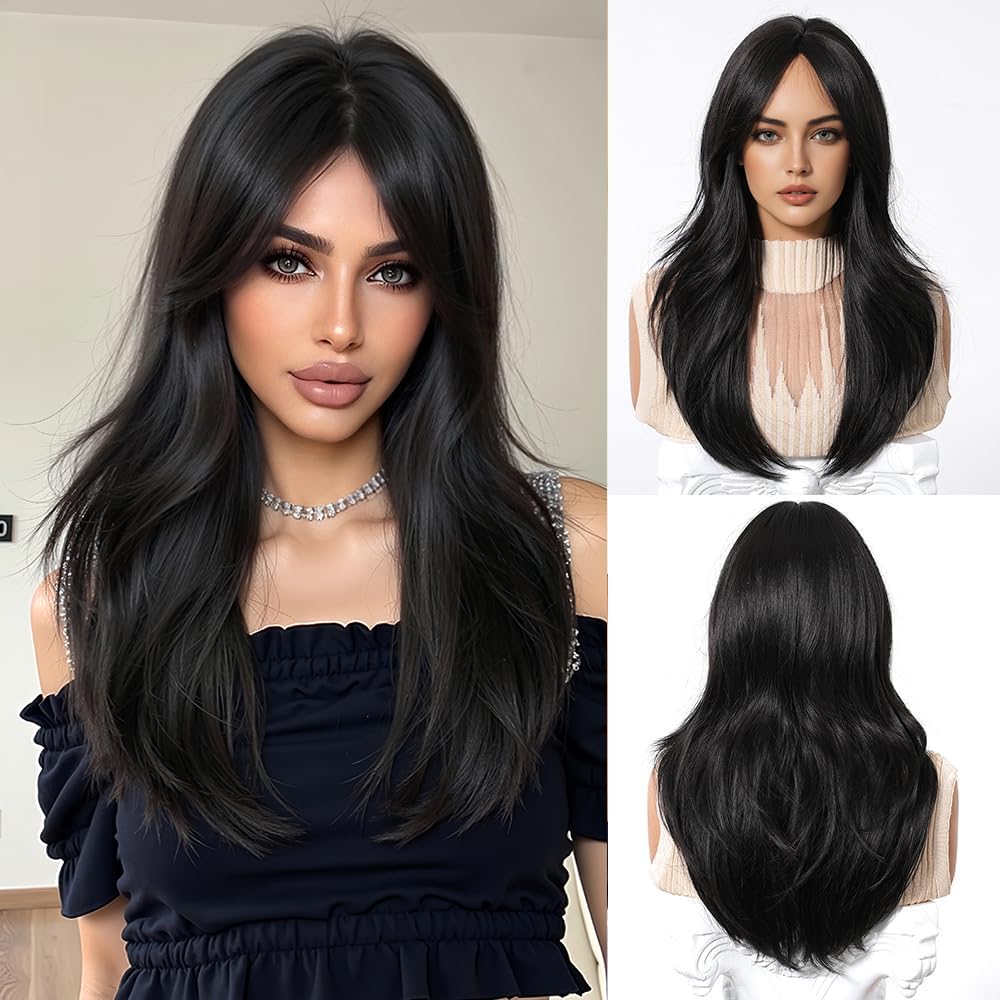 Esmee Long Straight Dark Brown Wig for Women with Curtain Bangs Natural Synthetic Hair Wigs for Daily Party Use — image 1