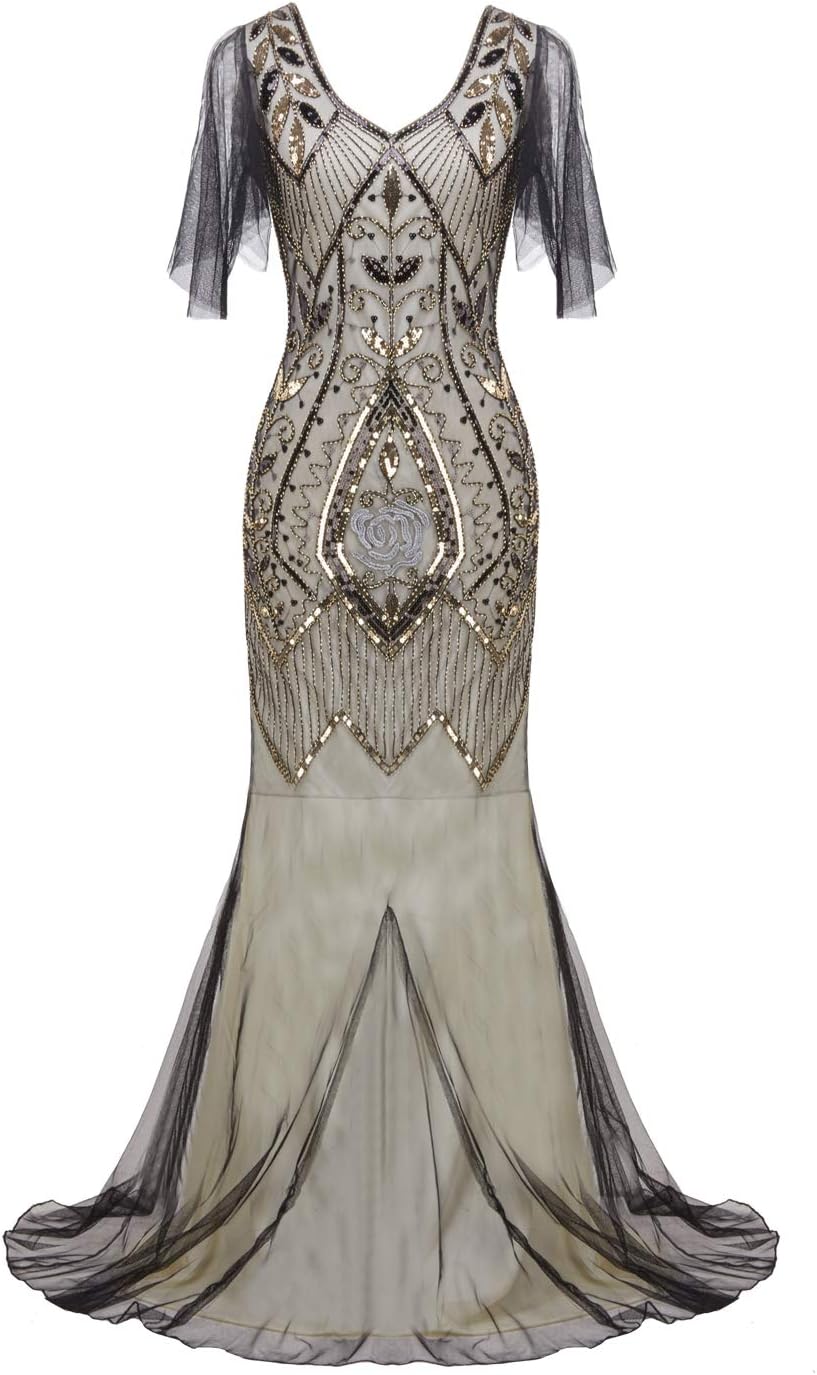 FAIRY COUPLE1920s Floor-Length V-Back Sequined Embellished Prom Evening Dress D20S004