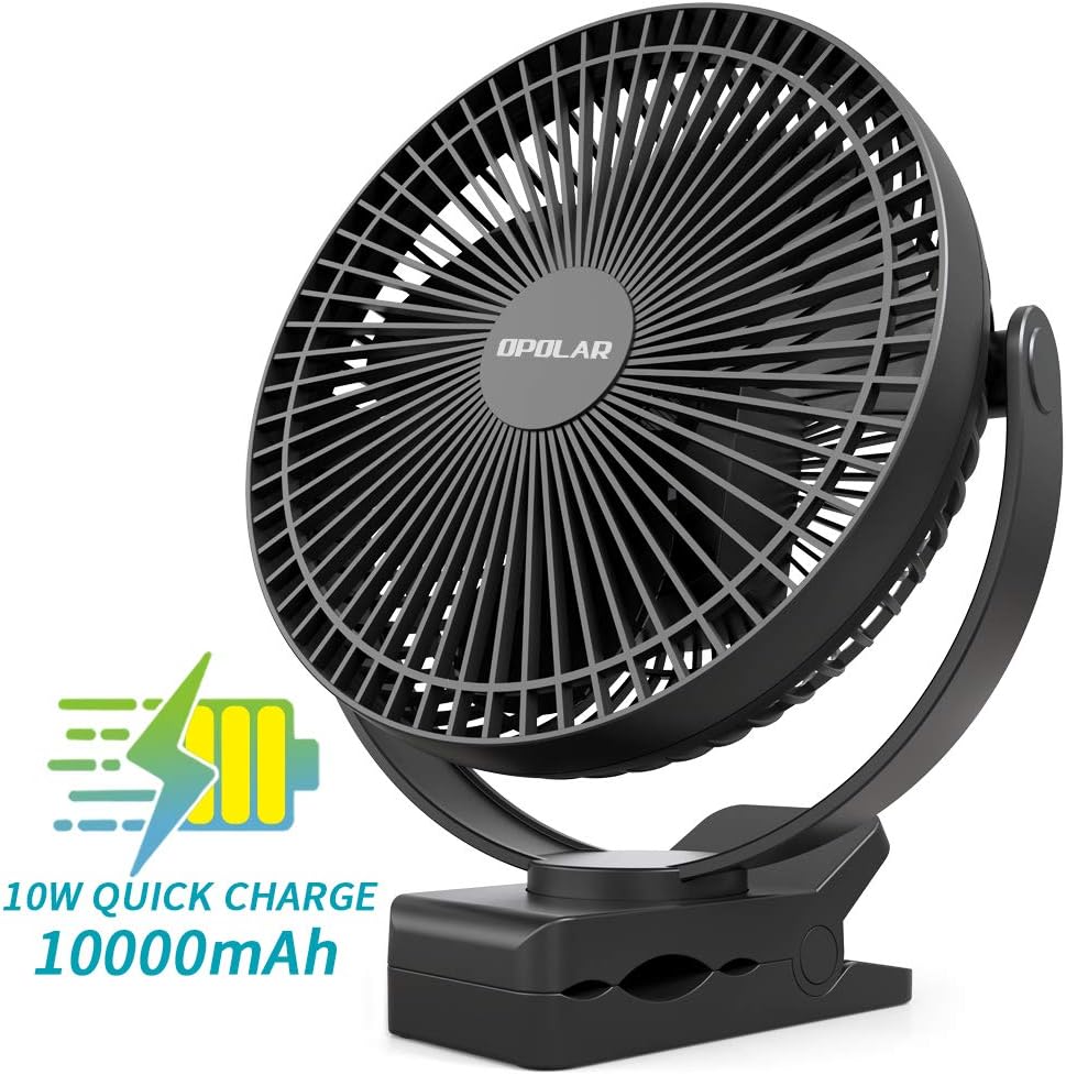 OPOLAR 10000mAh 8-Inch Rechargeable Battery Operated Clip on Fan, 4 Speeds Fast Air Circulating USB Fan, Sturdy Clamp Portable for Outdoor Camping Tent or Treadmill Personal Office Desk