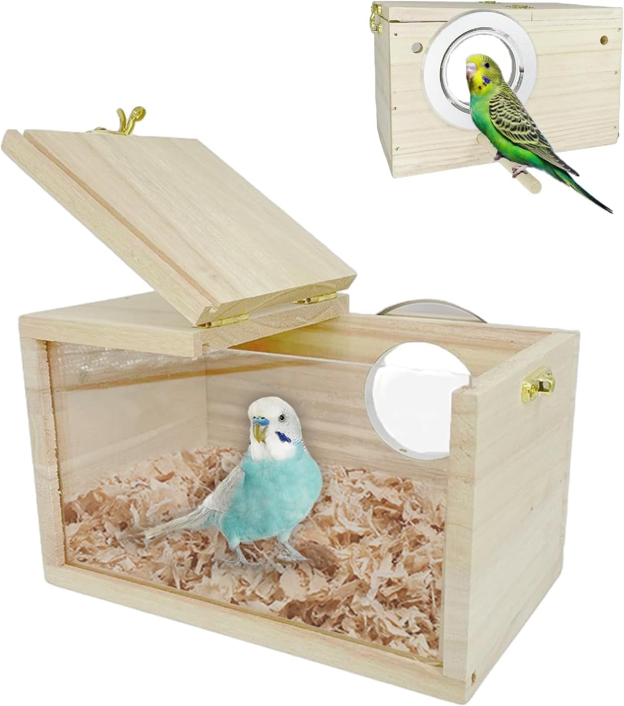 LATRAT Budgies Nesting Box Transparent Design, Natural Wood Bird House Small Bird Nest, Wooden Aviary Breeding Box for Lovebird Budgie Parakeet Lovebirds Parrots