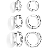 316L Surgical Steel Huggie Hoop Earrings Set,3 Pairs Small Hoop Earrings for Women & Men, Hypoallergenic CZ Cartilage & Earlobe Earrings, Lightweight & Trendy, 8mm 10mm 12mm(Sliver)