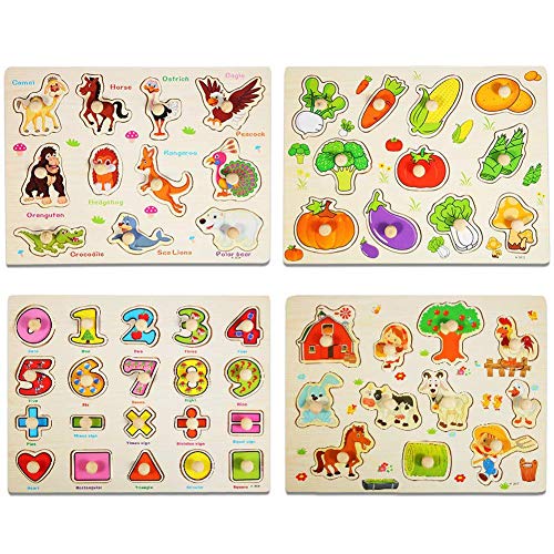 ThinkMax 4 Pcs Wooden Peg Puzzles for Toddlers, Kids Inset Puzzles Set