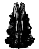 Changuan Sexy Illusion Long Lingerie Robe Nightgown Bathrobe Sleepwear Feather Bridal Robe Wedding Scarf