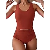 Eomenie Two Piece Tankini Swimsuits for Women Tummy Control Bathing Suits Cutout Back Swim Tank Top with High Waisted Bottom
