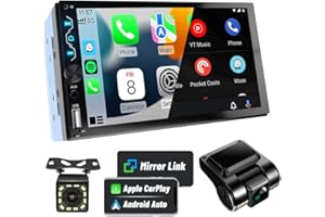 Leadfan Double Din Car Stereo with Dash Cam,7 Inch Full HD Touchscreen Car Audio Receiver Support Carplay and Android Auto,Car Stereo with Bluetooth,Mirror Link,Backup Camera,FM/USB/AUX/Subwoofer