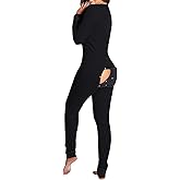 Women's Long Sleeve Rompers Pattern Print Butt Flap Jumpsuit V-neck Button Down Playsuit Bodysuit Pajamas