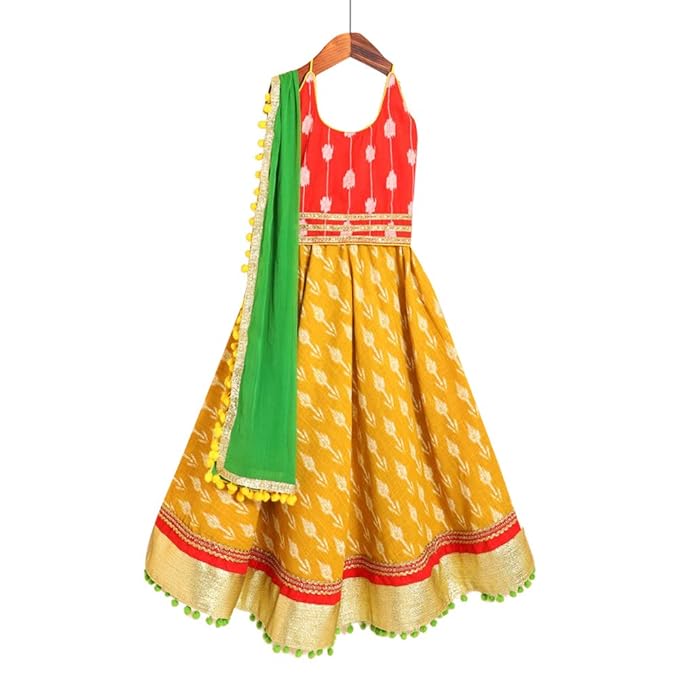 Kids Chakra By Hopscotch Girls Cotton Petals Lehengas & Blouses In Yellow Color