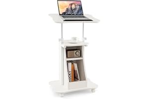 MEDIMALL Mobile Laptop Desk, Height Adjustable Podium Stand w/ 4 Wheels & Tiltable Desktop, Rolling Lectern Cart Laptop Desk with Storage Shelves for School, Office, Home, White