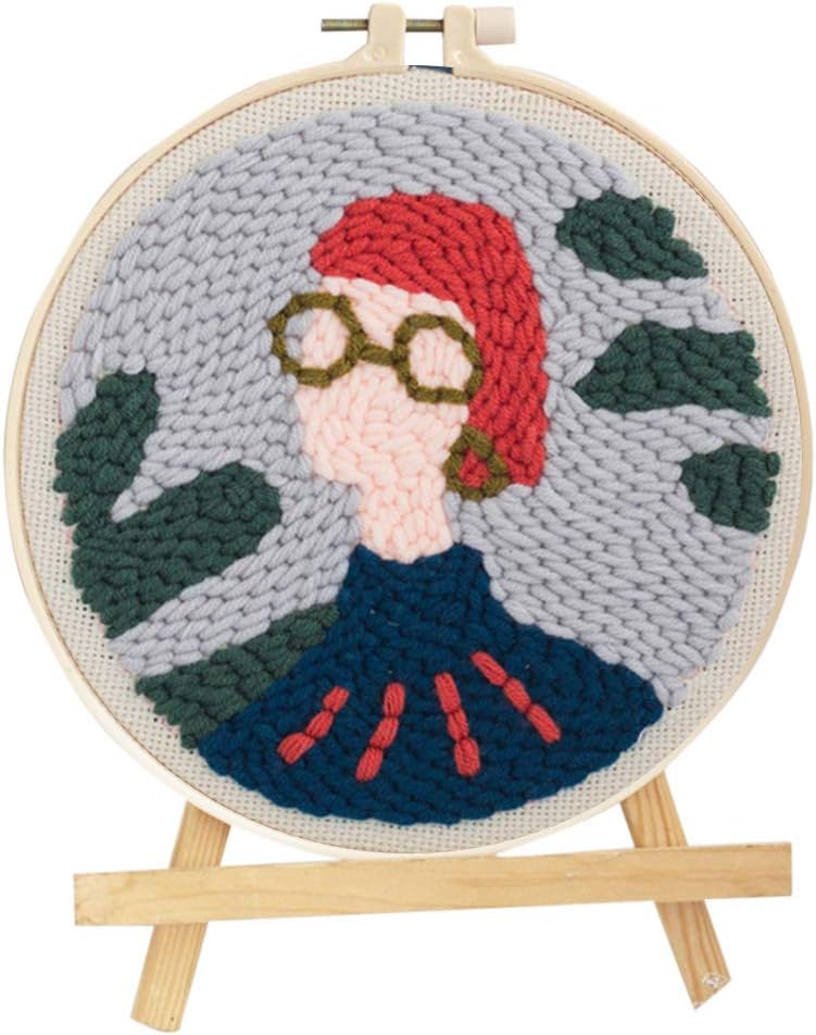 Haoun Rug Hooking Kit,DIY Handcraft Punch Needle Starter Kit Latch Hook Kit Woolen Embroidery Kit with Tools,Embroidery Frame and Holder,Craft Gift Wall Home Decor -Short Hair Girl