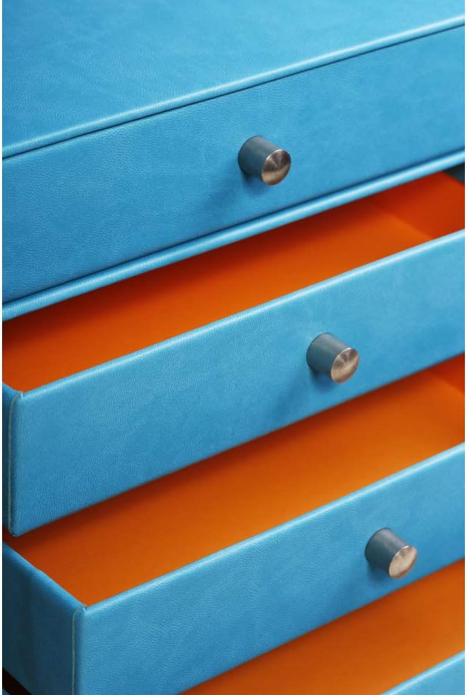 RHODIA 318867C, Turquoise 4-Drawer Organizer, 24.8 x 32.7 x 22.8 cm, Orange Saddle Stitching, Faux Leather Exterior - Image 4