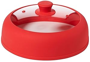Bezrat Vented, Silicone and Glass Microwave Plate Cover for Food – Microwave Splatter Guard with Easy Grip Handle for 6–7–8–9-10 inch Plates and Bowls (Red)