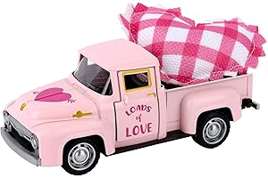 ATILOY Valentine’s Day Metal Truck with Hearts Pink Truck Vintage Love Romantic Tiered Tray Decor for Farmhouse Metal Outdoor/Indoor Pickup Planter Car Model Valentine’s Day Table Top Centerpiece Supplies