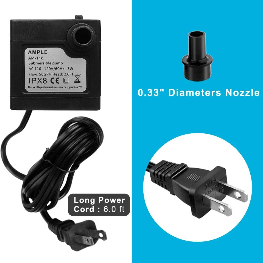 DOMICA Mini Submersible Water Pump, Small Fountain Pump (3W 50GPH) for Pond, Aquariums, Fish Tank, Tabletop Fountain, Pet Fountain, Indoor or Outdoor Fountain : Garden & Outdoor