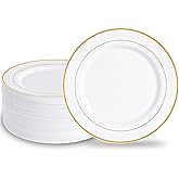 N9R 100PCS Gold Plastic Plates, 10.25 inch White Disposable Dinner Plate with Gold Rim, Heavy Duty Plates for Party Wedding and Birthday