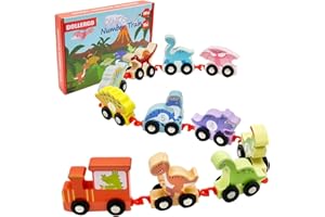 DOLLERGO Dinosaur Toys for Kids 2-4 Gifts, Wooden Educational Dinosaur Train Set for Toddlers Age 3-5 with Playmat/Storage Bag, Montessori Educational Toys for 2+ Years Old Boys & Girls (Dinosaur Style 2)
