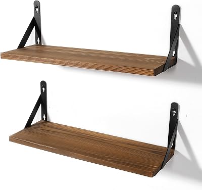 AGM Rustic Dark Wood Wall Shelves Set of 2 with Triangle Brackets