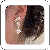 Erimberate Bohemian Crystal Pearl Dangle Earrings Gold Cz Paved Butterfly Stud Earrings Round Pearl Drop Earrings Rhinestone Butterfly Pearl Earrings Jewelry for Women