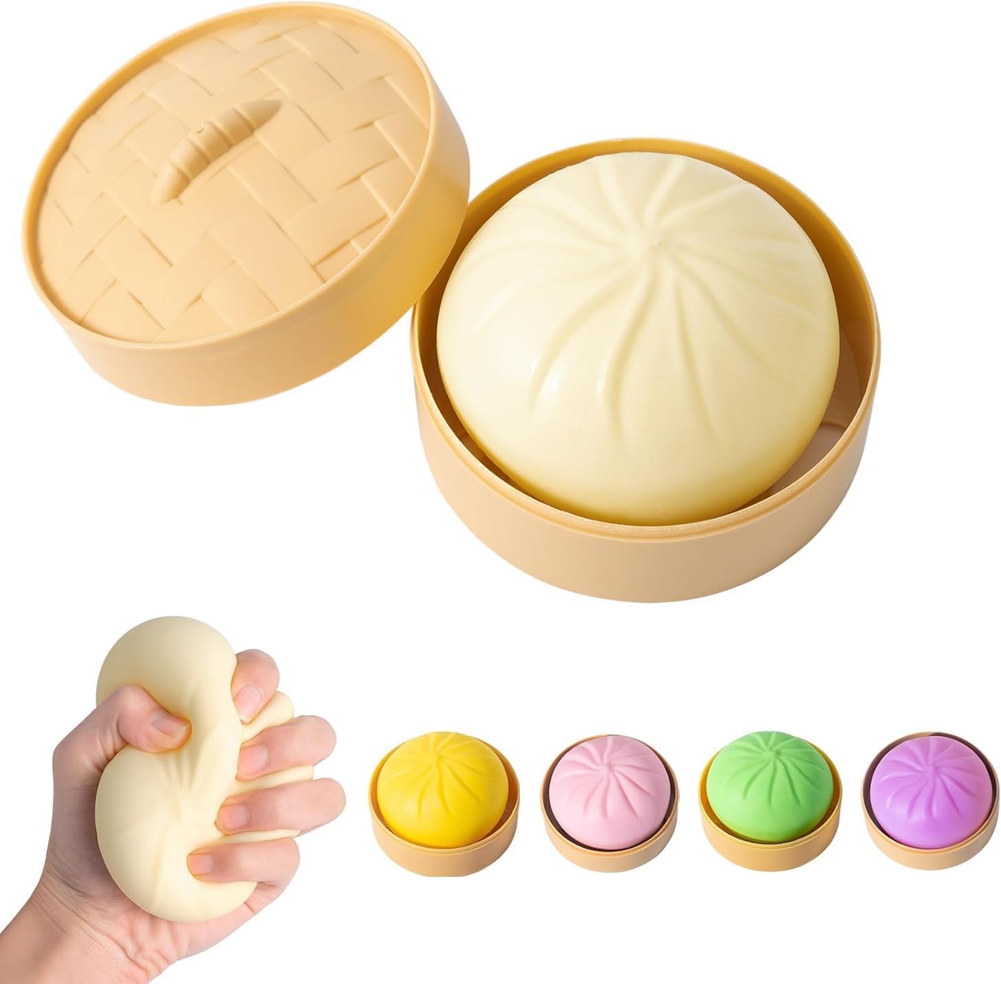 Dumpling Squishies Toy, Giant Glitter Dumpling, Colorful Dumplings Stress Balls Fidget Sensory Toy,Squeeze Dough Ball Stress Relief Hand Toys with Food Steamer Stretchy Desk Toys