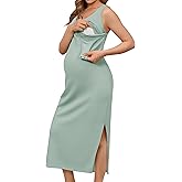 OUGES Womens 2026 Summer Maternity Nursing Dress Split Midi Sleeveless Breastfeeding Dress Scoop Neck Pregnancy Clothes