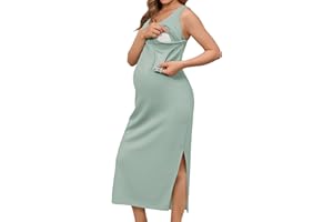 OUGES Womens 2026 Summer Maternity Nursing Dress Sleeveless Breastfeeding Split Midi Dress Scoop Neck Pregnancy Clothes