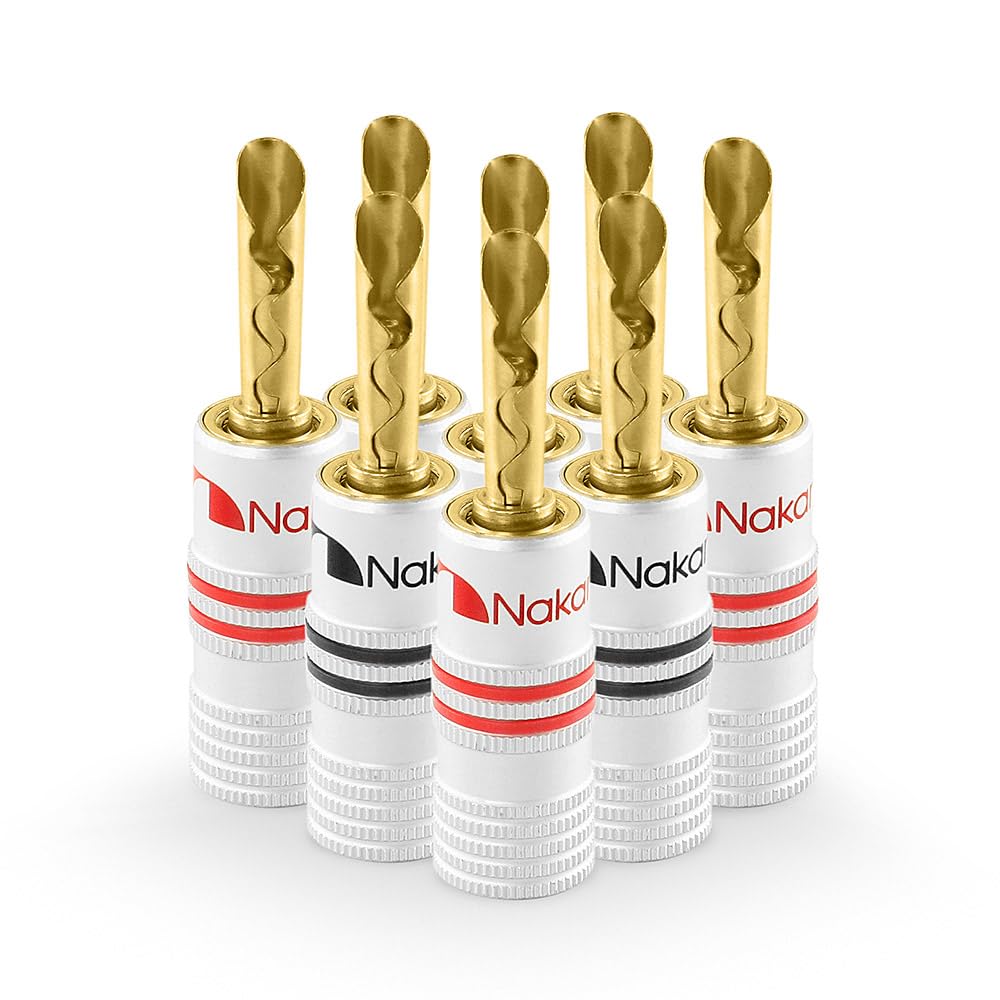 Nakamichi Excel Series 24k Gold Plated Banana Plug 12 AWG - 18 AWG Gauge Size 4mm Speakers Amplifier Hi-Fi AV Stereo Home Theatre Audio Wire Cable Screw Connector 8 Pcs (4-Pairs), BFA Banana Plug