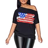 PESION Women Off The Shoulder Tops Sexy Shiny Metallic Shirts Short Sleeves Fashion Graphic T-Shirts Blouses