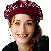 LADYBRO Rhinestone Beret Hats for Women 2 Layers Wool French Knit Cap Lady Winter Black