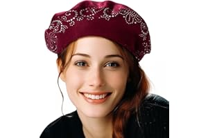 LADYBRO Rhinestone Beret Hats for Women 2 Layers Wool French Knit Cap Lady Winter Black