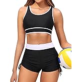 Holipick Women's Sporty Bikini Sets Two Piece Color Block Swimsuit Bathing Suits with High Waisted Boy Shorts Bottom