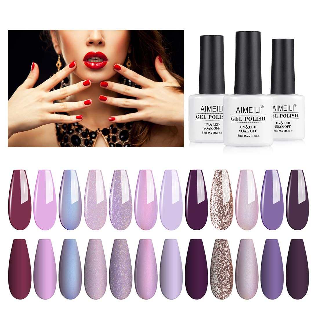 AIMEILI Gel Nail Polish Set, 8ml 12 Colours Soak Off UV LED Gel Nail Polishes Nail Art Gel Polish Gift Kit 19