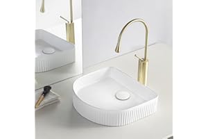 bathivy 16.3" x 14.4" Bathroom Vessel Sink with Pop Up Drain, Modern White Semicircle Vessel Sink, Bathroom Sink Above Counter, Vessel Sink for Bathrooms, Porcelain Ceramic Bathroom Vessel Vanity Sink