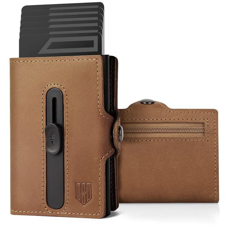 DODENSHA Pop Up Wallet Card Holder with Cash Pocket, Men's Genuine Leather Slim Credit Card Holder, RFID Blocking Wallet for Men with Coin Pocket & ID Window (Brown, 7+ Cards)