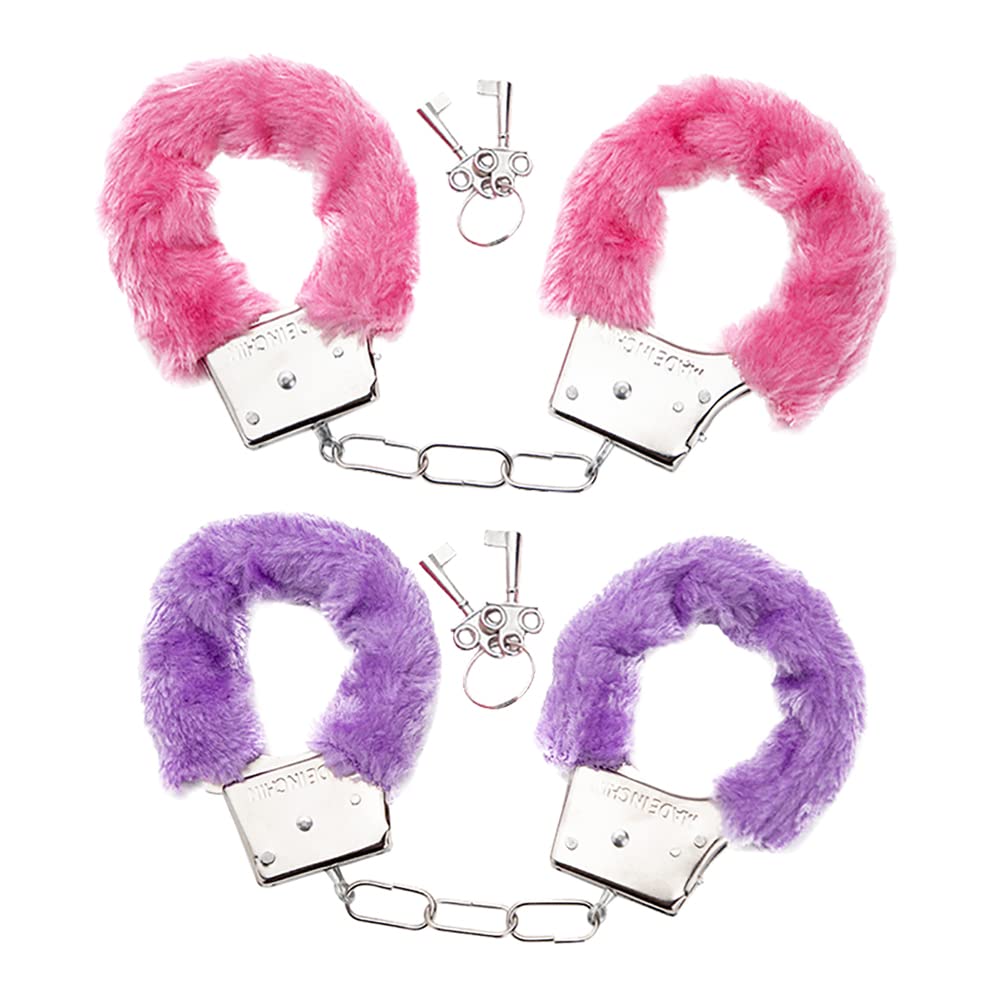 JIHUOO 2 Pcs Plush Play Handcuffs Adjustable Hand Cuffs Soft Wrist Cuffs Kids Toy Handcuffs Fluzzy Ankle Cuffs with Keys for Couples Pink and Purple