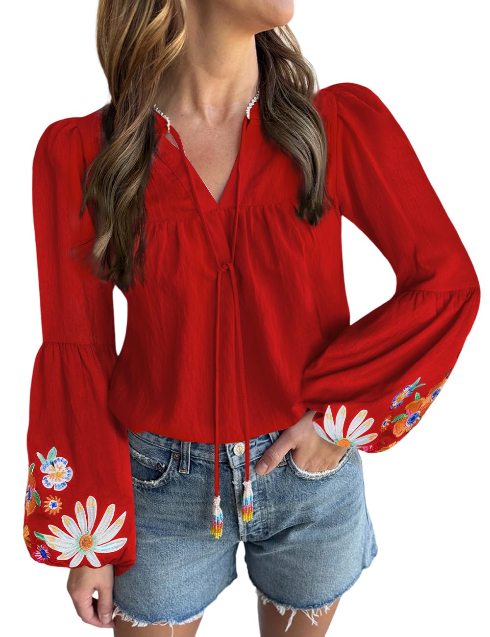 Women's Casual Floral Embroidered V Neck Boho Puff Long Sleeve Shirts Loose Tunic Summer Blouses Tops Fashion Clothes 2025 Image
