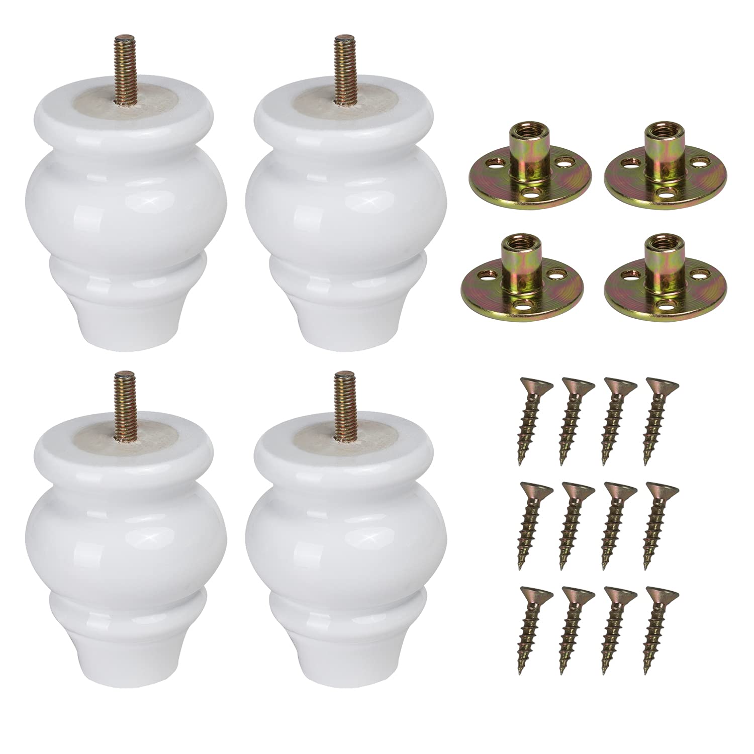 Mysummer Set of 4 Solid Wood Furniture Legs Turned Legs 3.54 inch Tall White Finished M8 Replacement Furniture Feet Sofa Legs with Bolt for Couch Sofa Cabinet (Walnut) (White)