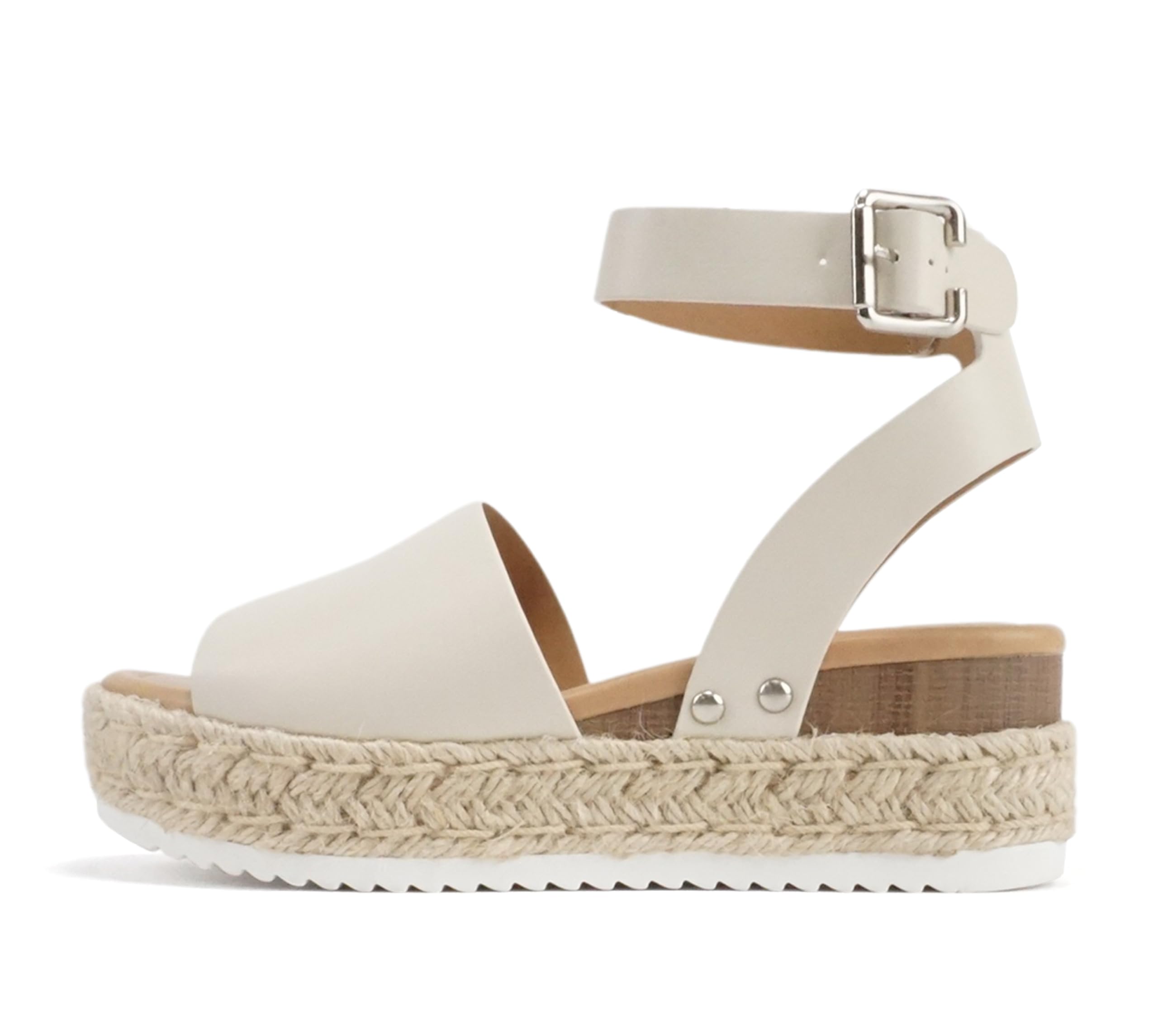 Photo 1 of Soda Topic Open Toe Buckle Ankle Strap Espadrilles Flatform Wedge Casual Sandal (Ivory Pu, 5.5)