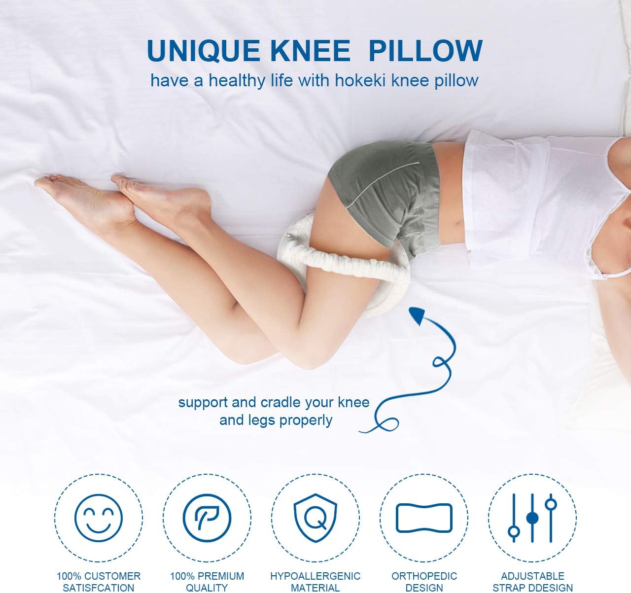 HOKEKI Knee Pillow for Side Sleeper-Pure Memory Foam Leg Pillow for Sciatica, Back ,Leg, Hip,Joint and Pregnancy with Adjustable Strap (White): Kitchen & Dining